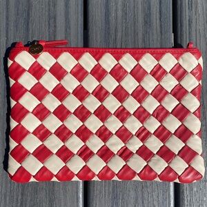 Clare V. Flat Clutch with Tabs in red and cream woven